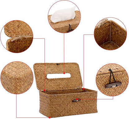 Sumnacon Tissue Box Cover Rectangle Tissue Box Seagrass Tissue Box Holder Woven Tissue Holder Decorative Tissue Cover for Bathroom Tissue Box Cover Rectangular for Home Office Table Caramel