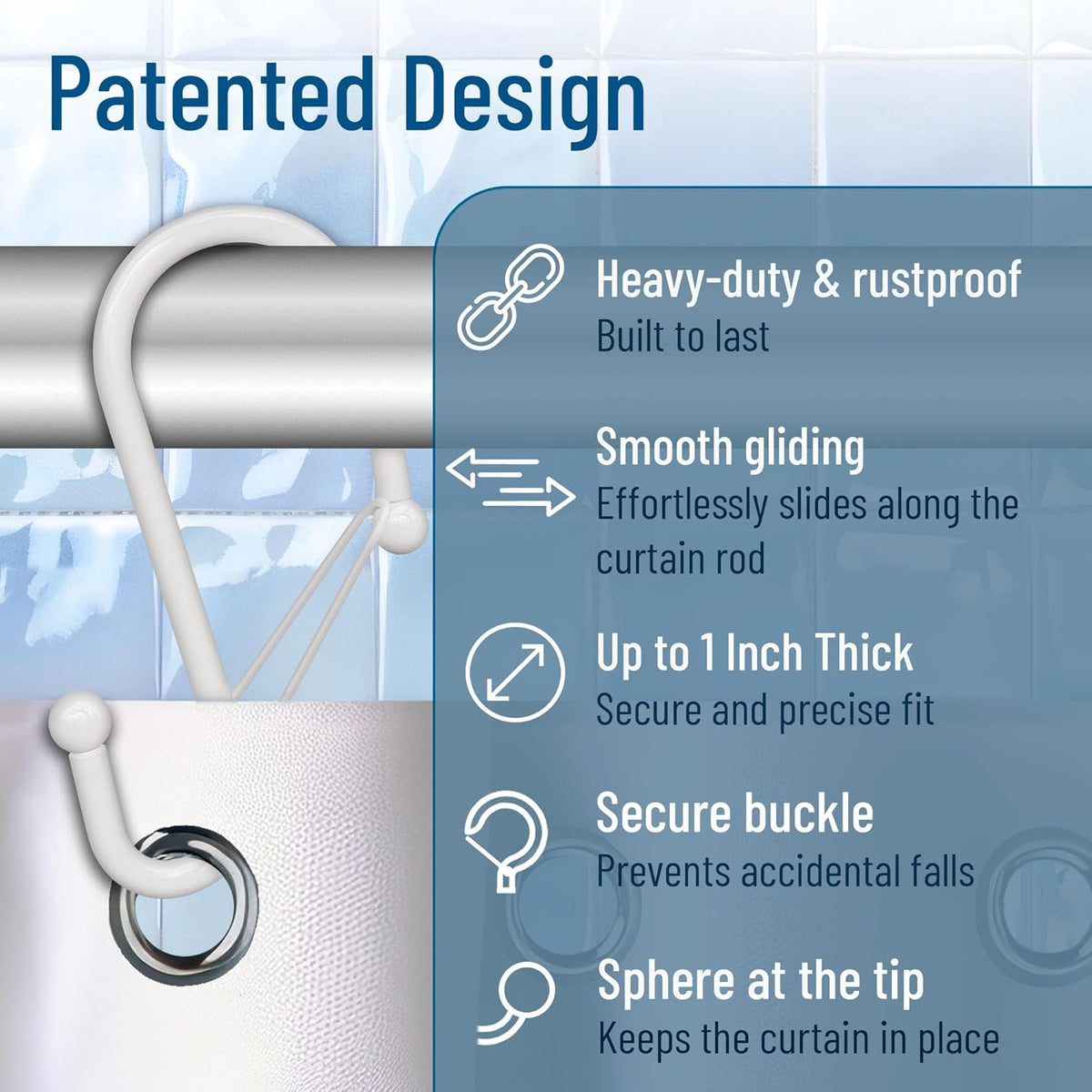 12 Decorative Metal Shower Curtain Hooks, S-Shaped Hooks with Anti-Fall System, Rust-Proof Shower Rings with Safety Buckle, Fits Rods Up to 1-Inch Diameter (S, White)