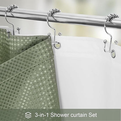 Craidlela 3 in 1 Extra Long Shower Curtain Set-72 W x 84 H, Sage Green Waffle and PEVA Liner Set with 12 Stainless Steel Hooks, Waterproof Fabric for Bathroom
