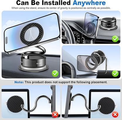 LivTee Vacuum Magnetic Phone Holder for Your Car, The 360° Adjustable Suction Cup Phone Mount with a Sleek Metallic & Carbon Fiber Design, Features a 3000gf Magnet, Fits Magsafe, Fits iPhone & Android