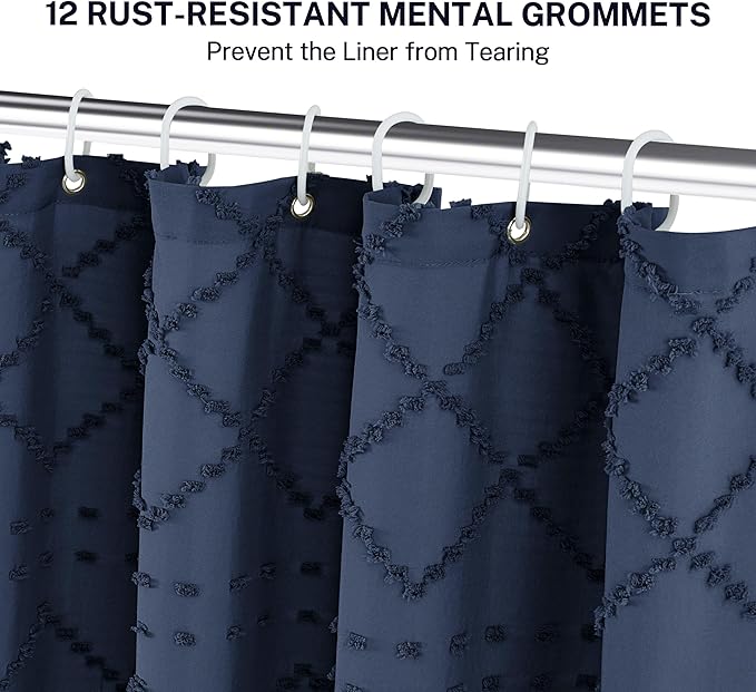 Siiluminisoy Extra Long Boho Farmhouse Shower Curtain, 72 x 78 Tufted Chevron Textured Striped Modern Minimalist Navy Blue Fabric Shower Curtain for Bathroom