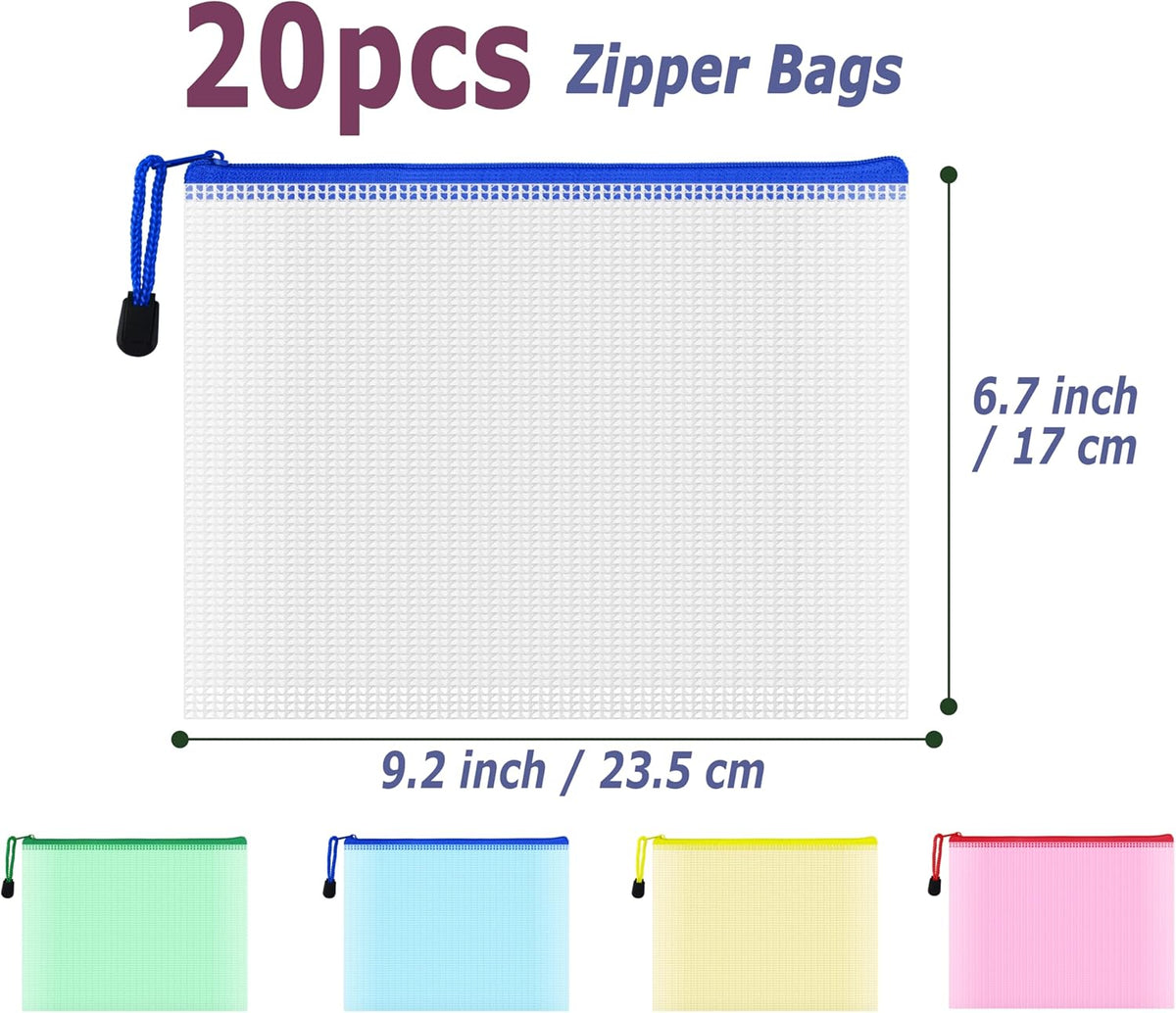 AUSTARK 20 Pcs Zipper File Bags, Plastic Mesh Pouch, Board Game Storage Bag, Waterproof Bags for Office School (A5 Size 9.2''x6.7'', Multicolored)