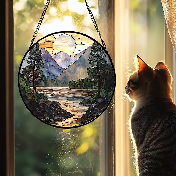AMDERVEN Stained Glass Window Hanging, Sunset Mountains Lake Tree Sun Catcher