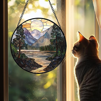 AMDERVEN Stained Glass Window Hanging, Sunset Mountains Lake Tree Sun Catcher