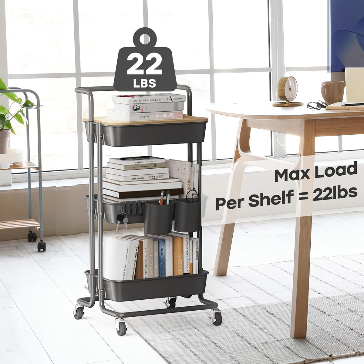 DTK 3 Tier Rolling Cart Uility Cart with Cover Board, Mobile Storage Cart with Wheels, Cups, Hooks for Office Utility Kitchen Bathroom Homeschool Art Craft Postpartum Teacher Cart Organizer(Black)