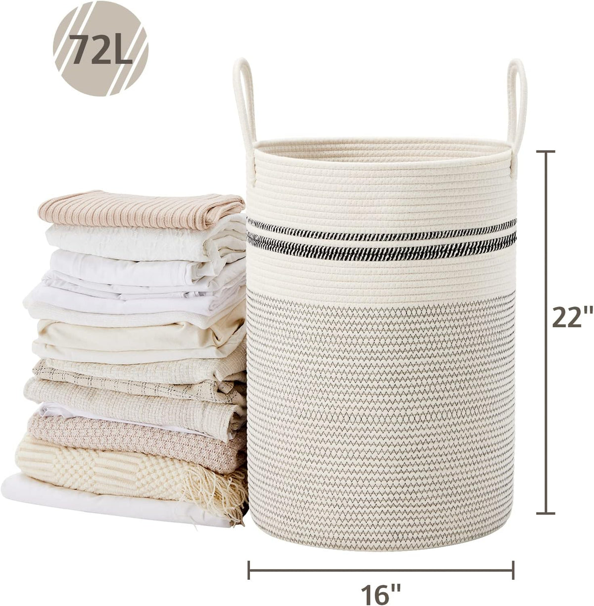 VIPOSCO Large Laundry Hamper, Tall Woven Rope Storage Basket for Blanket, Toys, Dirty Clothes in Living Room, Bathroom, Bedroom - 72L Stripe White