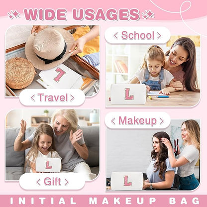 Small Initial Patch Makeup Bag Personalized Gifts Make Up Bag,White Cute PU Leather Glitter Letter Cosmetic Bag with Zipper,Trendy Portable Travel Toiletry Pouch,Preppy Stuff for Teen Girls Women L