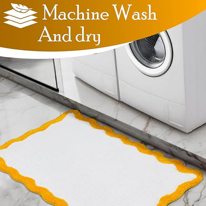 C23 Luxury Deep-Pile Bath Rug | 2200 GSM Ultra-Soft Plush Thick Bathroom Mat | 20"x32" Mustard Yellow & White High-Density Loft Rug | Non-Slip Natural Latex Back, Absorbent, Machine Washable, 1 Piece