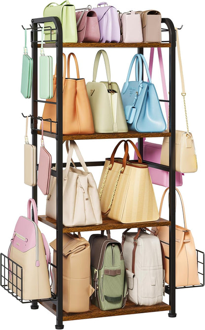 4-Tier Purse Organizer for Closet with 3 Side Hooks and 2 Baskets, High Capacity Purse Rack Stand for Purse Storage, Metal & Wood Handbag Holder for Handbag Organizer, Patent Pending