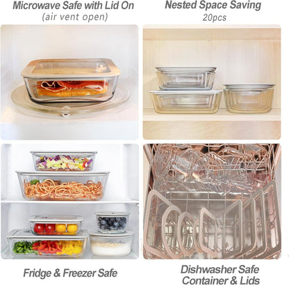 Glass Food Containers with Glass Lid, Microwave Safe Food Storage Container, Large 4 Pack Round Shape, Food Containers with Lids, Meal Prep containers with Leak Proof Lid.
