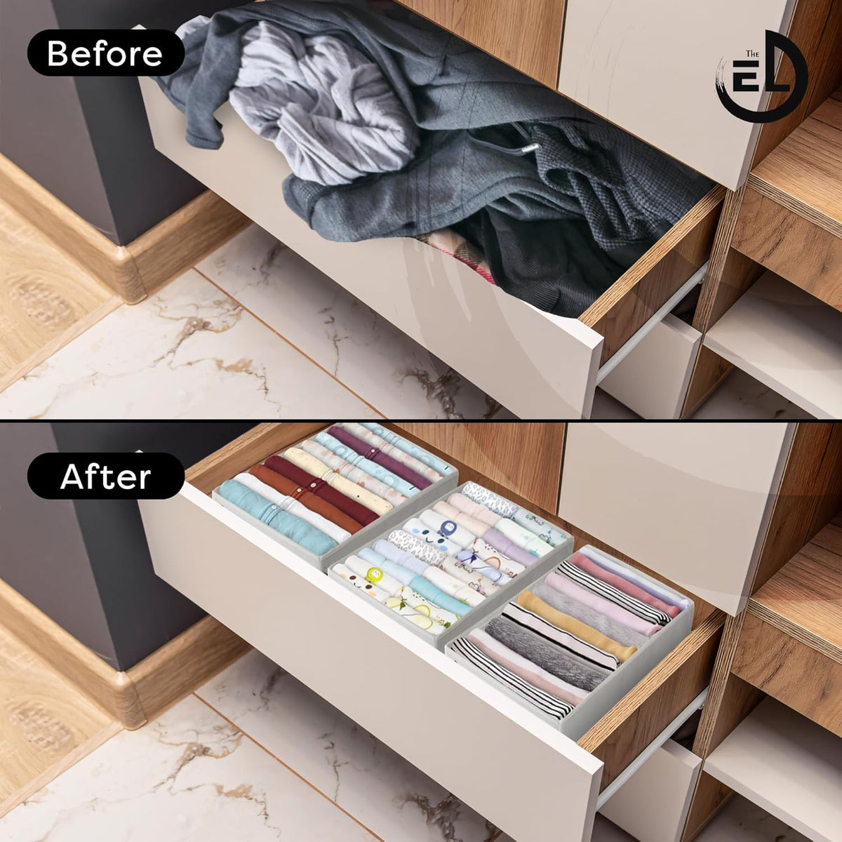 Drawer Organizer Clothes - 3 Set Multipurpose Dresser Drawer Organizer for Adults & Kids, Closet Foldable 10 Cells per Organizer - Non-Woven Fabric, T-Shirts, Baby Clothes, Shorts Organizer - White