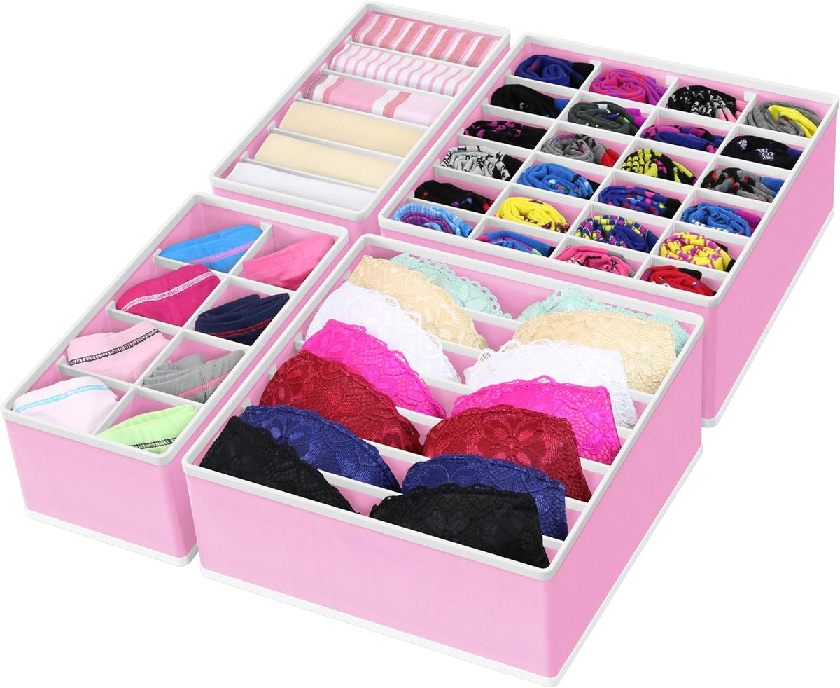 Simple Houseware 4-Pack Drawer Organizer Set - Closet Dividers for Underwear, Socks, Bras, Scarves, Ties - Foldable Non-Woven Storage Boxes, Pink