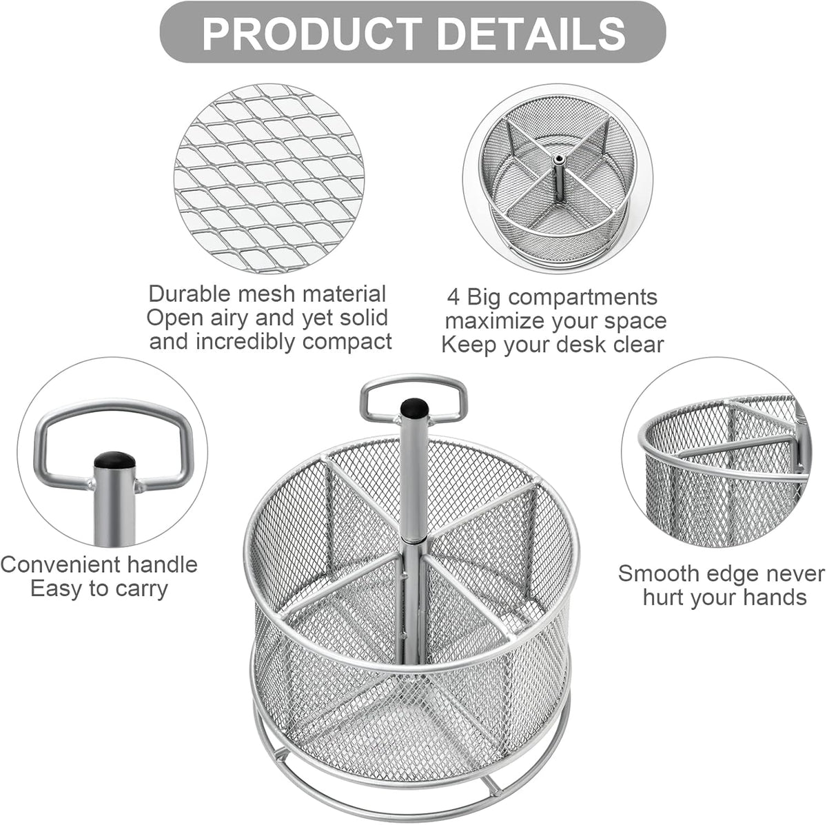 Marbrasse Mesh Desk Organizer, 360-Degree Rotating Multi-Functional Pen Holder, 4 Compartments Desktop Stationary Organizer, Home Office Art Supply Storage Box Caddy (silver)