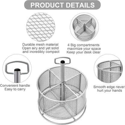 Marbrasse Mesh Desk Organizer, 360-Degree Rotating Multi-Functional Pen Holder, 4 Compartments Desktop Stationary Organizer, Home Office Art Supply Storage Box Caddy (silver)