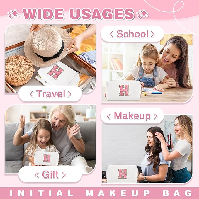 Small Initial Patch Makeup Bag Personalized Gifts Make Up Bag,White Cute PU Leather Glitter Letter Cosmetic Bag with Zipper,Trendy Portable Travel Toiletry Pouch,Preppy Stuff for Teen Girls Women H