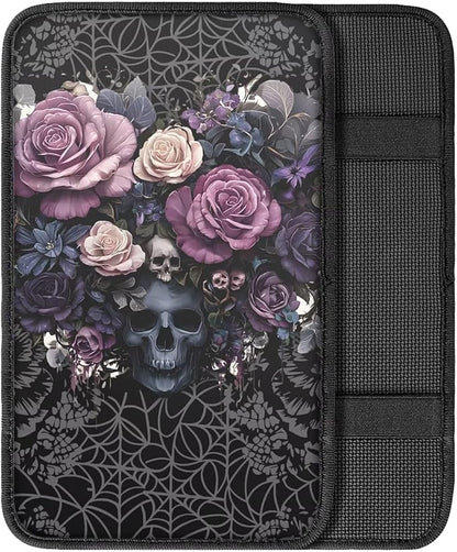Skull Rose Print Armrest Cushion Cover for Car Dirt-Resistant & Scratch Proof Auto Armrest Seat Box Cover Protector Universal Fit Auto Interior Decor