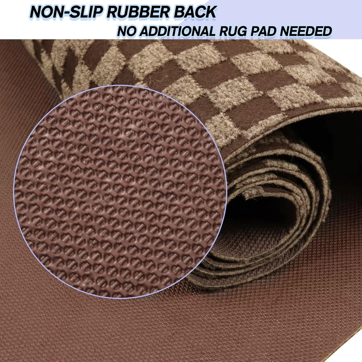 Custom Size Backed Non-Slip Area Rugs Runner, Easy Clean, Waterproof Runner Rugs for Hallway Entryway, Kitchen, Laundry, 2FT x 16FT, Brown Checkered
