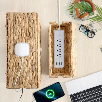 2 Pack Cable Management Box with Lid, Handwoven Water Hyacinth Cord Organizer, 4 Side Open Slots Cable Hider for Power Strips, Cords & Wires, Desk/Floor/Office Storage Box to Hide Electronics Clutter