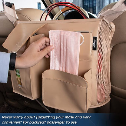 Car Seat Back Organizer, Net Purse Hangbag Holder for Car, Auto Driver Or Passenger Accessories Organizer, Vehicle Console Caddy, Personal Travel Storage Bag for Pet Kids Adults, Pu Leather Beige