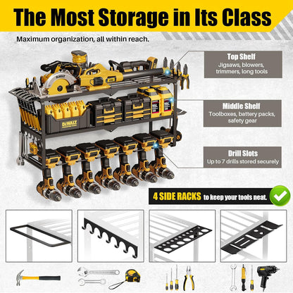 26''W Power Tool Organizer Wall Mount | 200lbs Garage Storage Rack with 7 Cordless Drill Holder | 3-Tier Heavy Duty Utility Shelf for Battery Workshop Organization