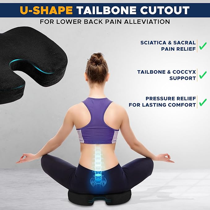 EcoNour Thick Seat Cushions for Tailbone Pain Relief (2 Pack) | Orthopedic Desk Chair Cushion for Office, Gaming Chair & Car Seat | Sciatica & Coccyx & Tail Bone Pain Relief for Long Sitting Elderly