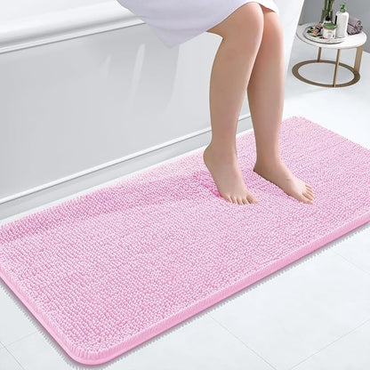 OLANLY Bathroom Rugs 47x20, Extra Soft Absorbent Chenille Bath Rugs, Rubber Backing Quick Dry, Machine Washable Bath Mats for Bathroom Floor, Tub and Shower, Home Decor Accessories, Pink