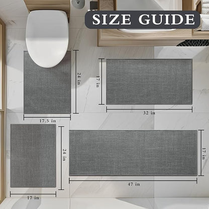 YIHOUSE Grey Bath Rug Set, 4 Piece Non Slip Absorbent Bath Mat, Quick Dry, Thin for Toilet and Floor
