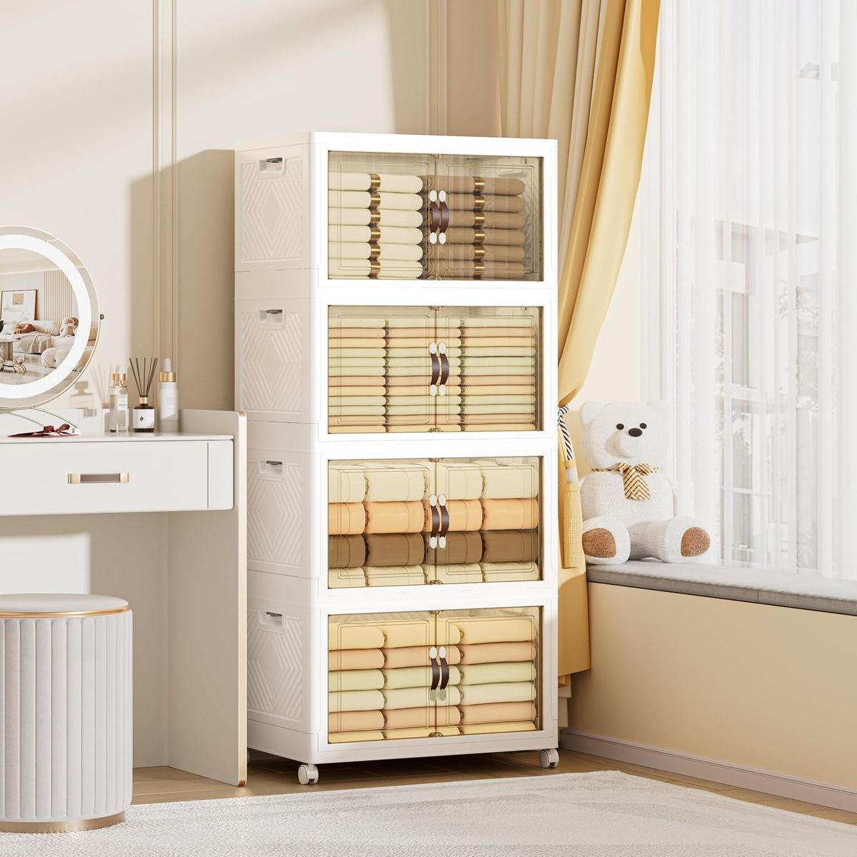 340 QT / 85 Gal Heavy Duty Double Door Storage Cabinet - Magnetic Closure, Foldable Stackable Design with Wheels & Leather Handles, Plastic Organizer for Garage/Bedroom