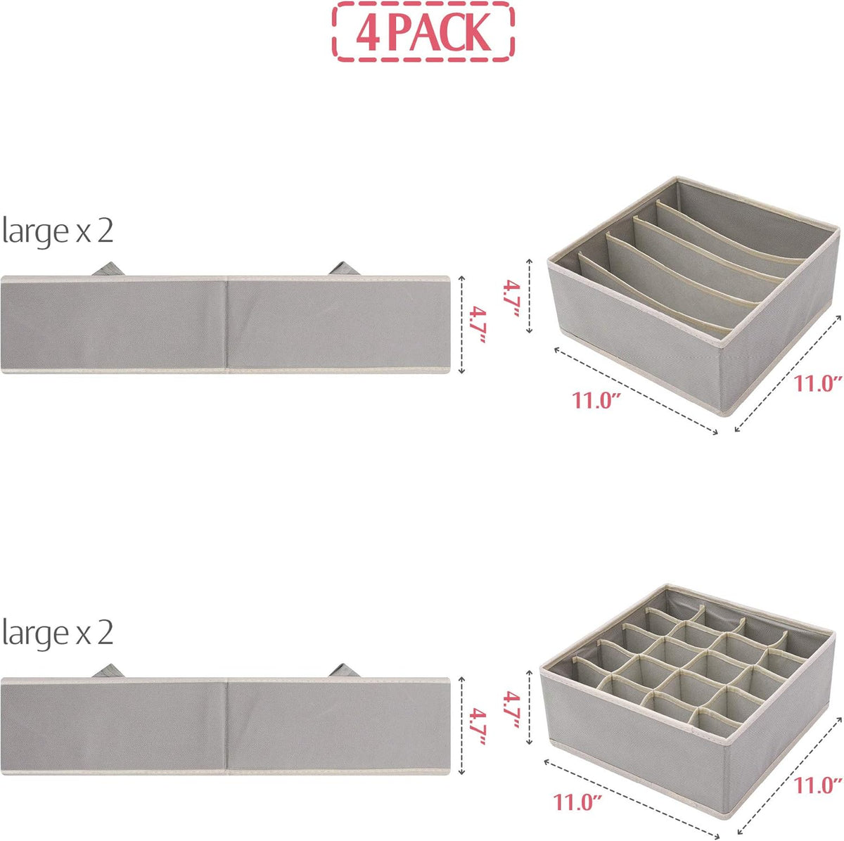 DIOMMELL Set of 4 Foldable Cloth Storage Box Closet Dresser Drawer Organizer Fabric Baskets Bins Containers Divider for Clothes Underwear Bras Socks Lingerie Clothing, Grey 22-0000