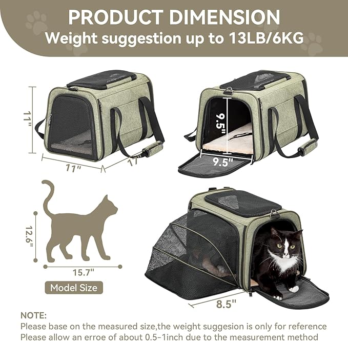 Petsfit Expandable Cat Carrier Dog Carrier,Airline Approved Soft-Sided Portable Pet Travel Washable Carrier for Kittens,Puppies,Removable Soft Plush mat and Pockets,Locking Safety Zippers