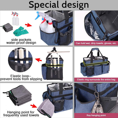 Large Wearable Cleaning Caddy Bag with Detachable Divider, Cleaning Organizer with Handles, Cleaning Supply Tote with Adjustable Shoulder Strap&Waist Belt for Cleaners & Housekeeper (Blue)