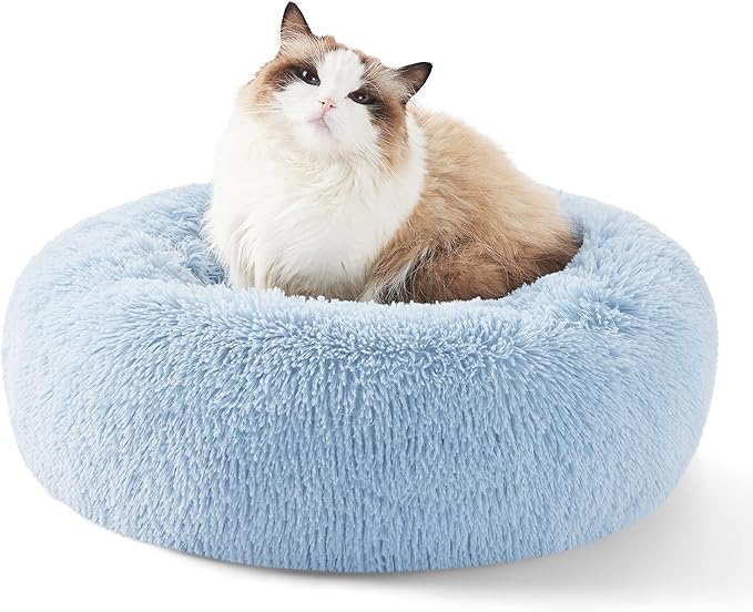 Bedsure Calming Cat Beds for Indoor Cats - Small Washable Round Cat Bed, Anti-Slip Fluffy Plush Faux Fur Pet Bed, Fits up to 15 lbs Pets,Light Blue, 20 inches