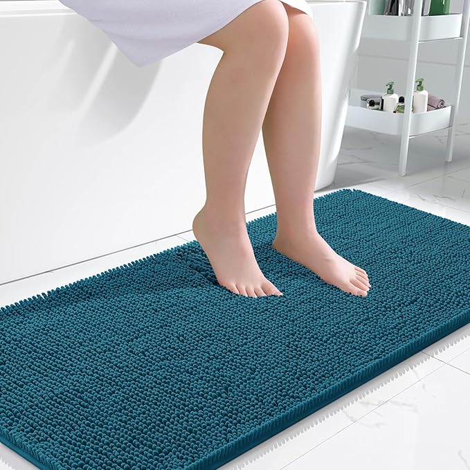 OLANLY Bathroom Rugs 47x24, Extra Soft Absorbent Chenille Bath Rugs, Rubber Backing Quick Dry, Machine Washable Bath Mats for Bathroom Floor, Tub and Shower, Home Decor Accessories, Peacock Blue