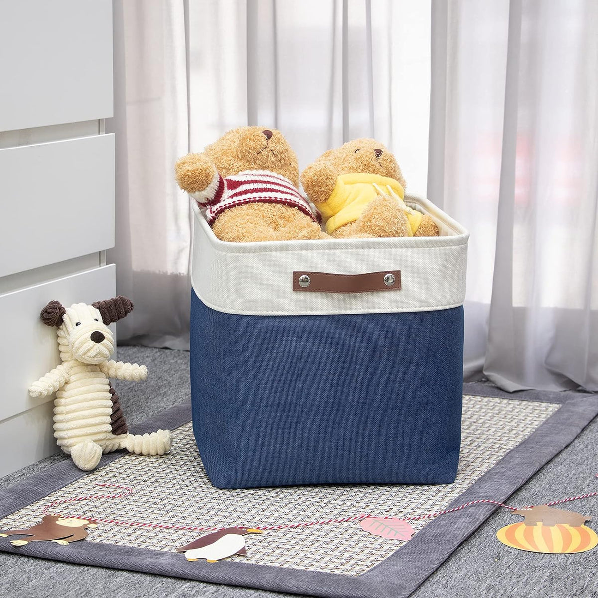 HNZIGE Baskets Fabric Storage Cubes Bins Baskets(3 Pack) Storage Baskets Cube for Shelf, Large Collapsible Organizer Closet Baskets,13x13 Toy Baskets with Leather Handle(White&Blue)