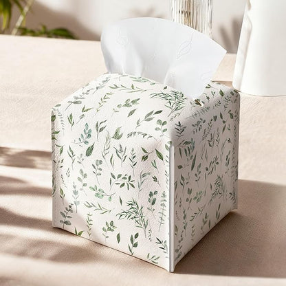 Sage Green Tissue Box Holder, Modern Leather Tissue Box Cover Square with Bottom Belt, Paper Napkins Everyday Dispenser Accessories for Bathroom Night Stands Kitchen Office Car Home Decor