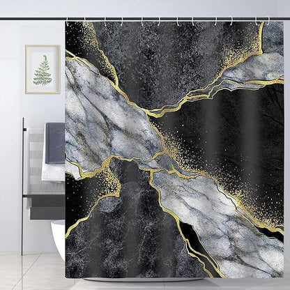 Domoku Marble Waterproof Shower Curtain with Hooks, Machine Washable Easy-Care Fabric Bathroom Curtain for Tub or Shower (Black, 72" W x84 L)