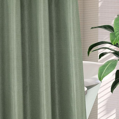 MitoVilla No Hooks Required Sage Green Waffle Shower Curtain Liner Set, Modern Heavyweight Fabric Shower Curtain Set with Snap-in Liner for Hotel Grade Spa-Like Bathroom Decor, 72 x 74