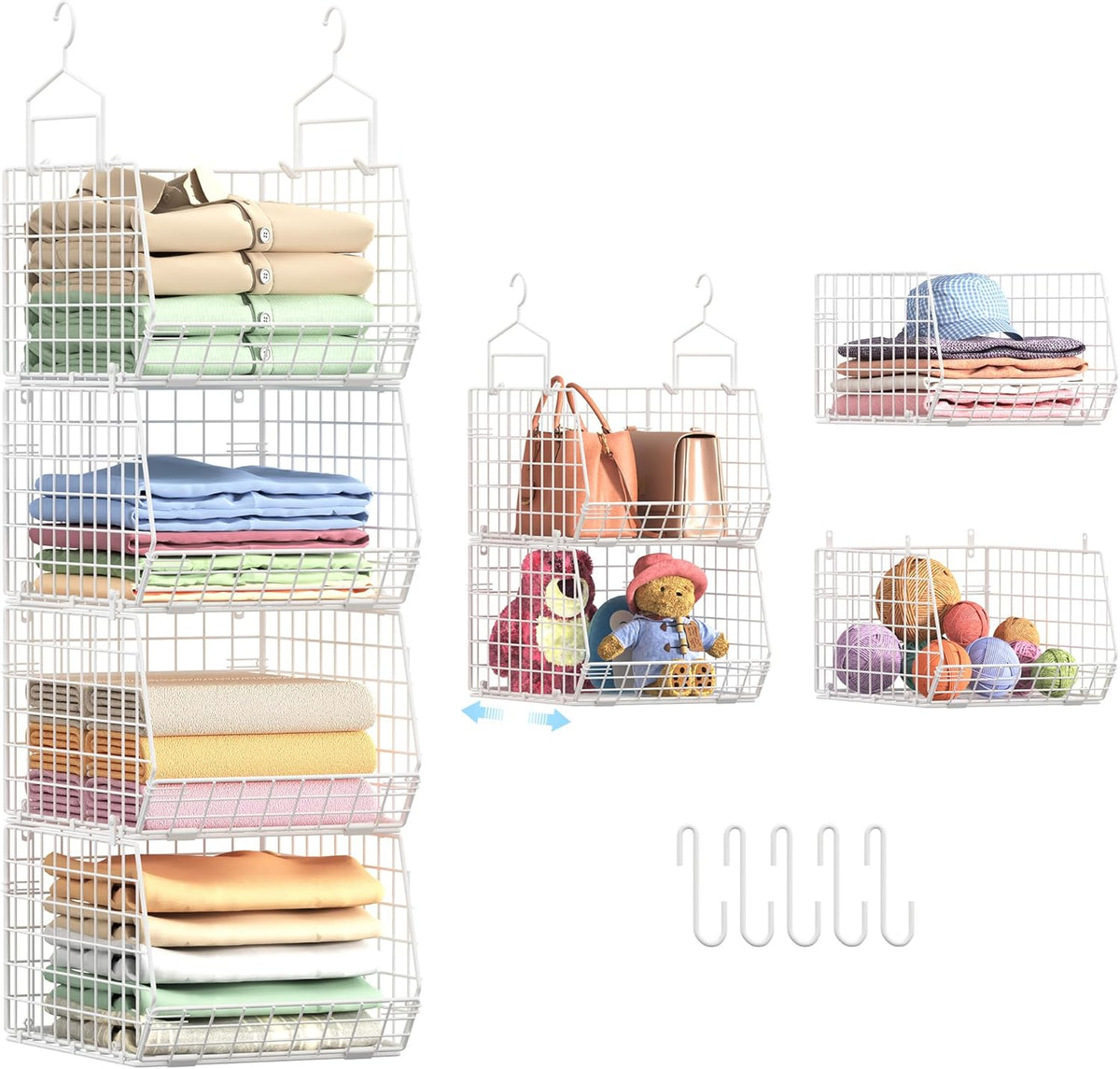 4" Extra Deeper Foldable Hanging Closet Organizer, Small Wire Cabinet Shelves and Storage with 5 S Hooks,4 Tier Metal Basket Bins for Clothes Sweaters Handbags, Wardrobe for Kitchen Laundry Room，White