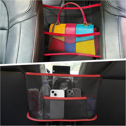 Car Storage Bag, Auto Net Pocket Handbag Holder, Driver Storage Netting Pouch for Document Phone Tissue Purse Storage, Organizer Mesh Bag Between Two Seats, Backseat Pets Barrier, Red