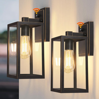 PARTPHONER Black Exterior Light Fixtures Wall Mount with Gold Rim, Dusk to Dawn Outdoor Porch Lights Lamp, Sensor Wall Sconce, Waterproof Outdoor Lantern for House Doorway, Garage 2 Pack