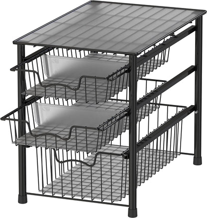 Simple Houseware 3-Tier Stackable Sliding Basket Storage Organizer Drawer for Bathroom and Kitchen, Black