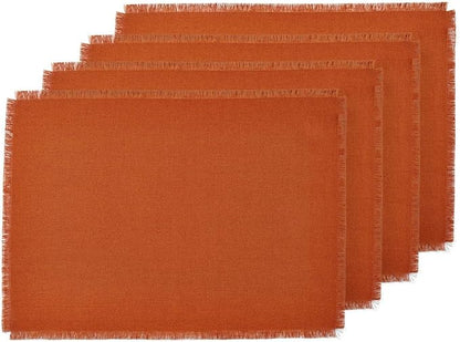 Solino Home Fringe Linen Placemats Set of 4-14 x 19 Inch Placemats Cinnamon - 100% Pure Linen Table Mats - Handcrafted and Machine Washable