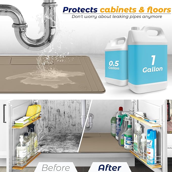 The Original Under Sink Mat - Silicone Waterproof mat, Adjustable, Easy to Clean, Kitchen cabinet liner, Disifenction Surface - 31" x 22" or smaller (Brown, 31" x 22")