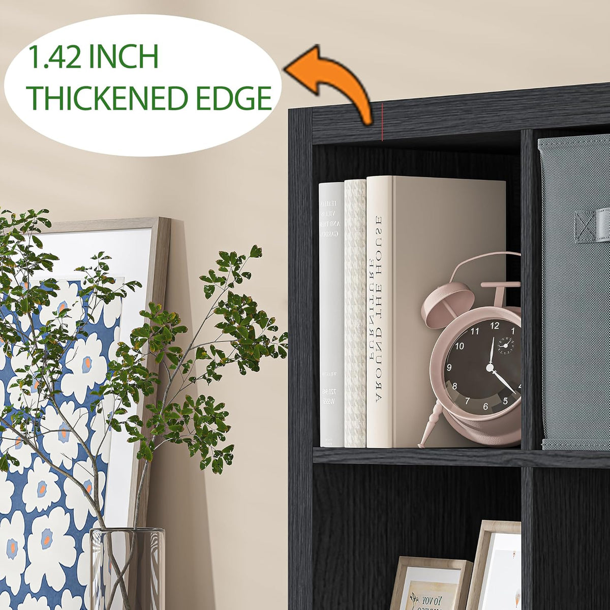 Bookshelf with Storage Bin, 6-Cube Storage Organizer, Modern Wood Open Bookcase, Multifunctional Display Shelf for Living Room, Bedroom, Home Office, Black