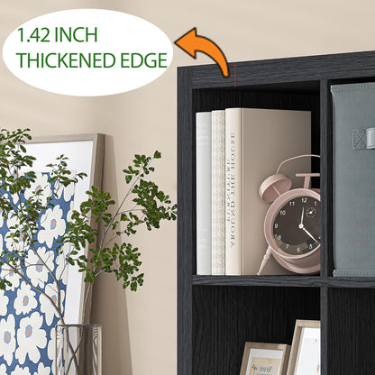 Bookshelf with Storage Bin, 6-Cube Storage Organizer, Modern Wood Open Bookcase, Multifunctional Display Shelf for Living Room, Bedroom, Home Office, Black