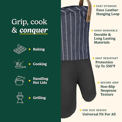 Cuisinart Heritage Kitchen Oven Mitts – Heat-Resistant Mitts for Oven with Non-Slip Neoprene Palm, Long Cuff, and Cotton Filling – Durable Oven Gloves for Cooking, Baking & Grilling (Denim Pinstripe)