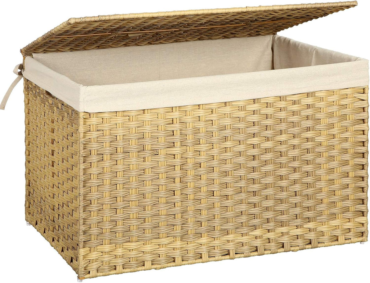 SONGMICS Storage Basket with Lid, Woven Blanket Storage Bin with Handles, Foldable, Removable Liner, Metal Frame, for Bedroom, Laundry Room, 42.3 Gallons (160 L), Natural URST76NL