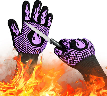 BBQ Fireproof Gloves, Grill Cut-Resistant Gloves 1472°F Heat Resistant Gloves, Non-Slip Silicone Oven Gloves, Kitchen Safe Cooking Gloves for Oven Mitts,Barbecue,Cooking, Frying,13.5 Inch-Purple