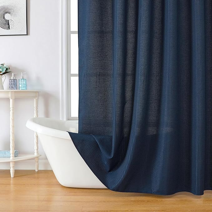 meioro Navy Blue Shower Curtain, Waffle Weave 256GSM Heavy Duty Textured Fabric Shower Curtains for Bathroom Hotel Spa, Luxury Weighted Polyester Cloth Bath Curtain Set with 12 Hooks, 72Wx78H