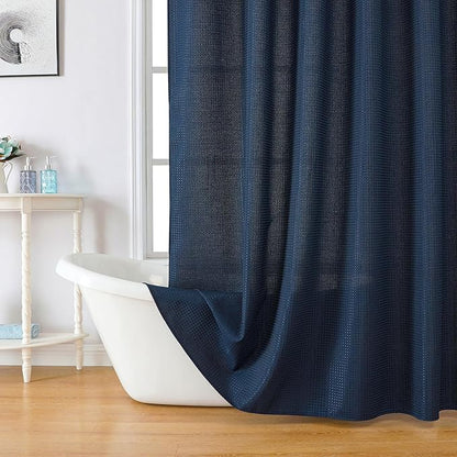 meioro Navy Blue Shower Curtain, Waffle Weave 256GSM Heavy Duty Textured Fabric Shower Curtains for Bathroom Hotel Spa, Luxury Weighted Polyester Cloth Bath Curtain Set with 12 Hooks, 72Wx78H